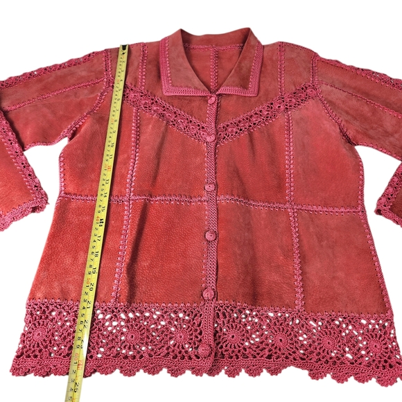 Vintage Suede Crochet Patchwork Jacket XL Boho Western Pink Coral Button Front - Picture 15 of 16
